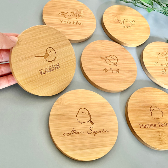 名入れ シマエナガの竹製コースター（丸） 席札 敬老の日 レーザー彫刻