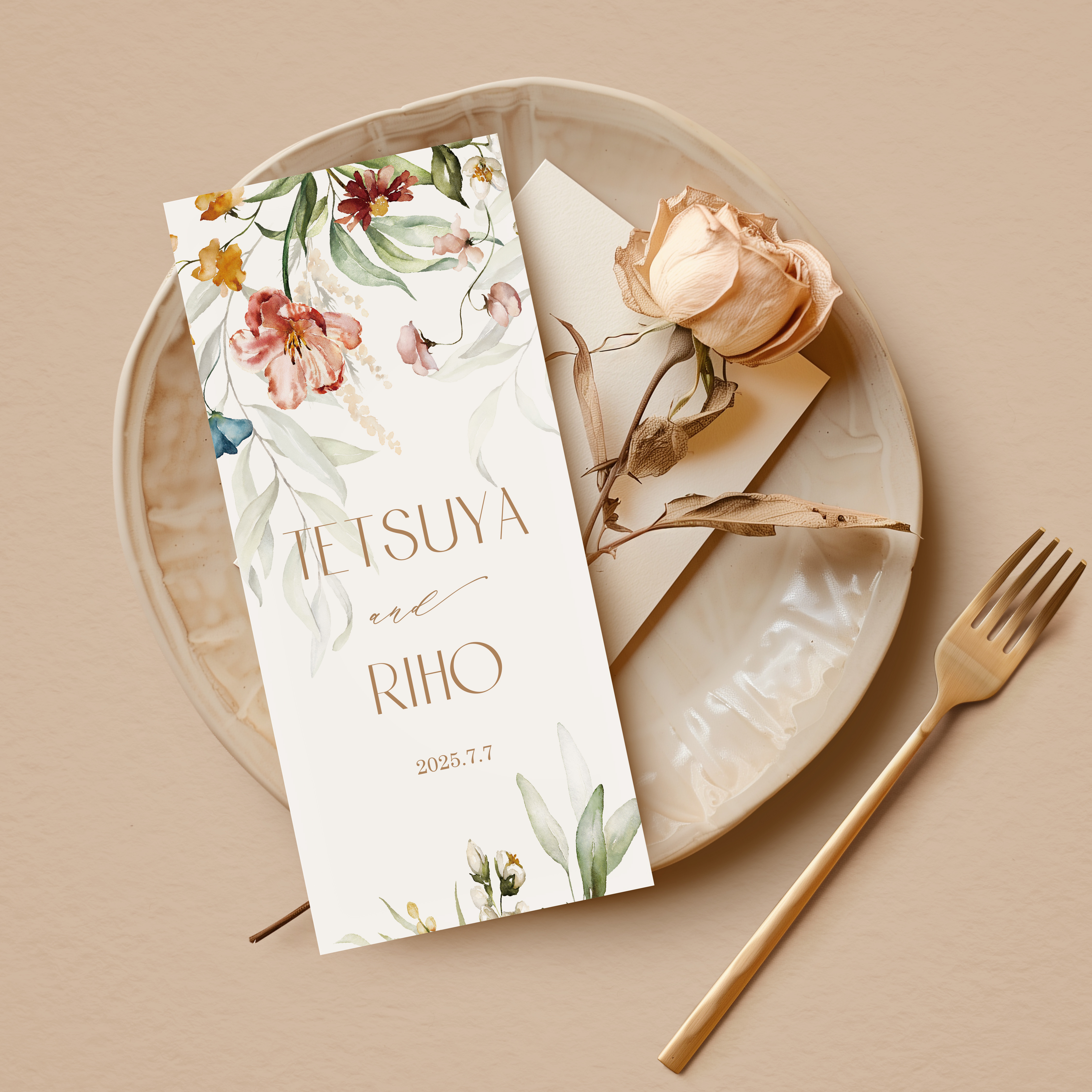 三つ折り 席次表 メニュー表　Flo05　　フラワー/ボタニカル/おしゃれ