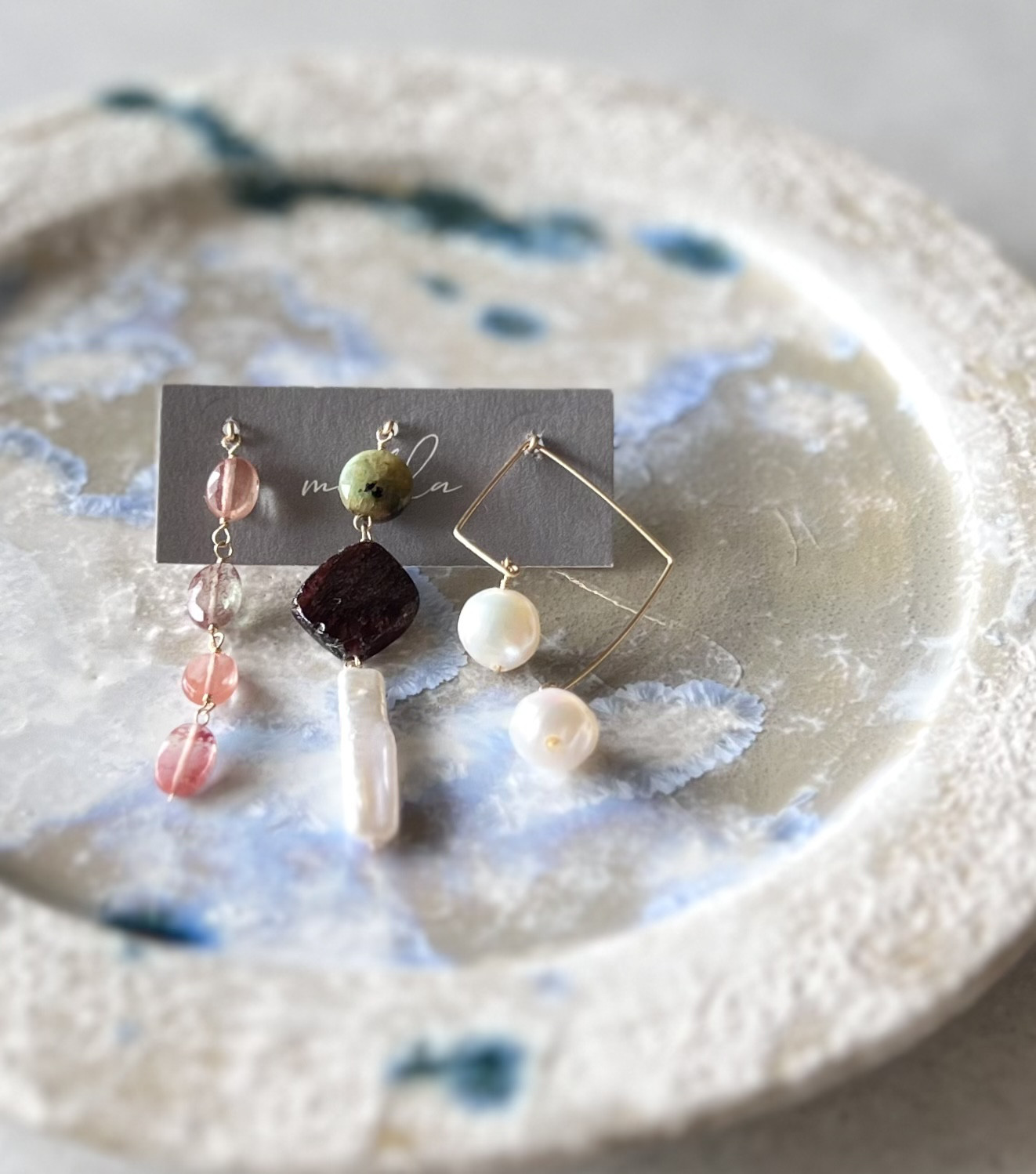 3WAYアシンメトリーイヤリング／ピアス【パール＆ガーネット＆アンデシン】14kgf 1月誕生石