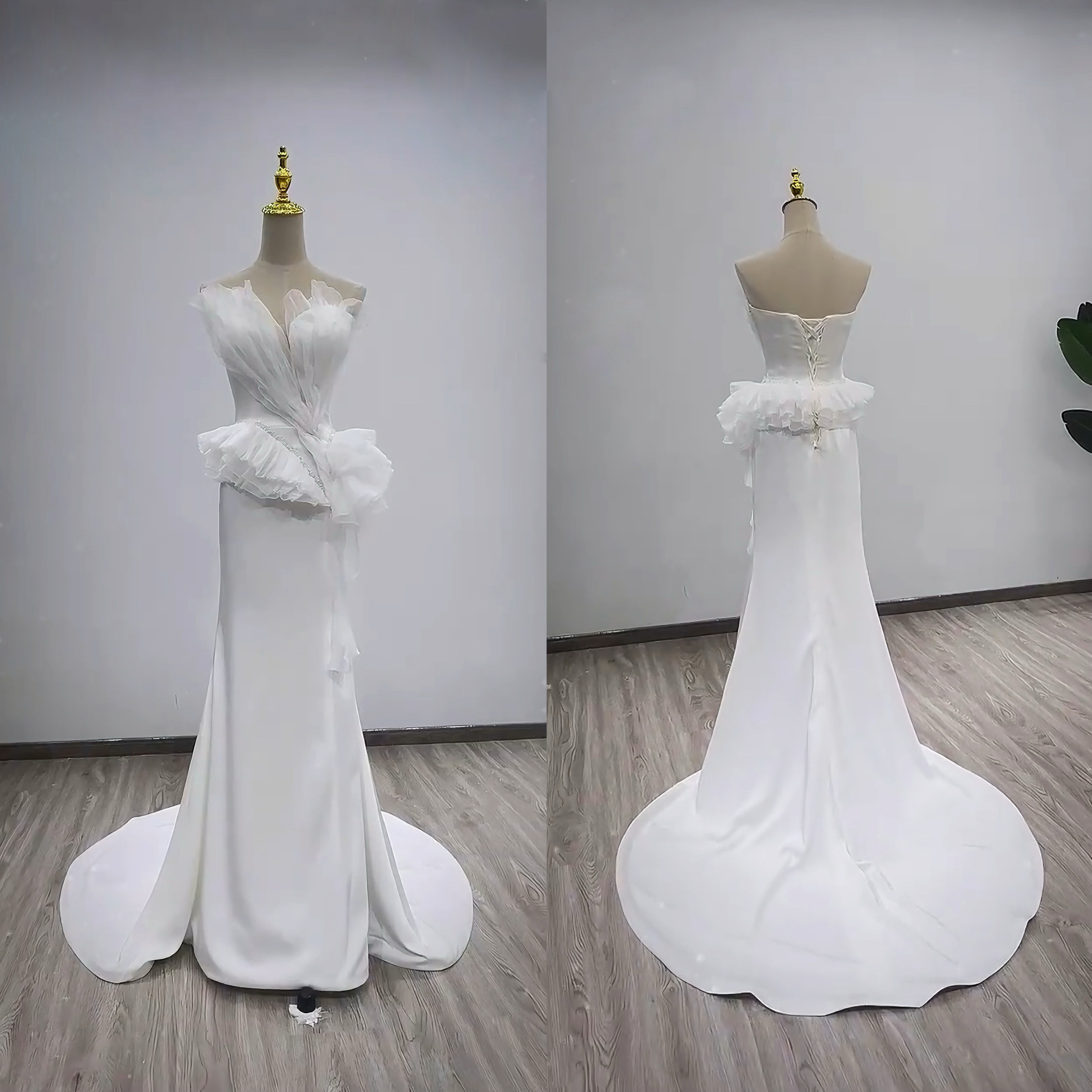 純粋な美しさ　アシメドレス　胸フリル　ラッフルスカート　スレンダーライン　細見えシルエット　優雅　パーディードレス二次会