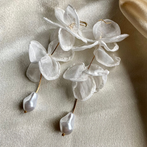 結婚式 バロックパール 花 シフォン パールピアス ウエディング パール