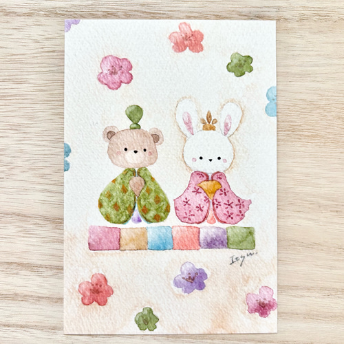 透明水彩画 3枚セット「ほっこりお雛様」ポストカード 桃の節句