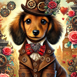 パネル生地 犬 犬柄 ミニチュアダックスフンド スチームパンク