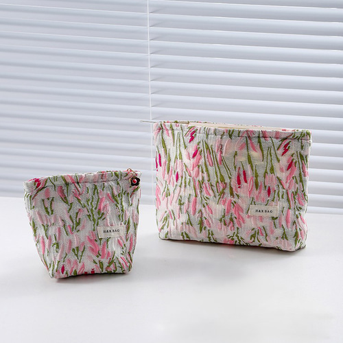 ジャガード織り ピンク エノコログサ 花柄 大きめ コスメポーチ 化粧