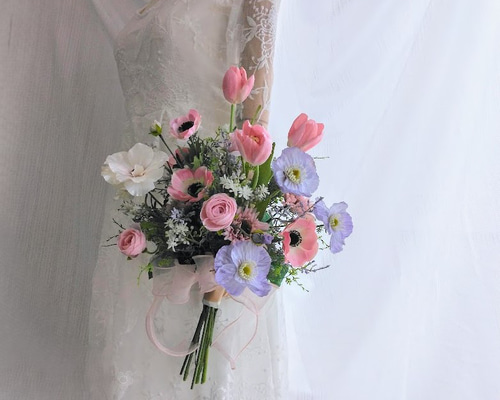 カラー ブーケ ブートニア付 ウェディング アーティフィシャルフラワー カラーアームブーケ♪ウェディングブーケ カラー ブートニア付き