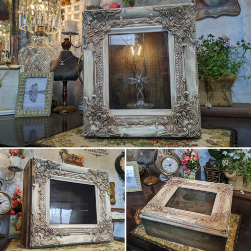 アンティークな飾り棚 ヴィンテージウッドボックス アンティークな額縁