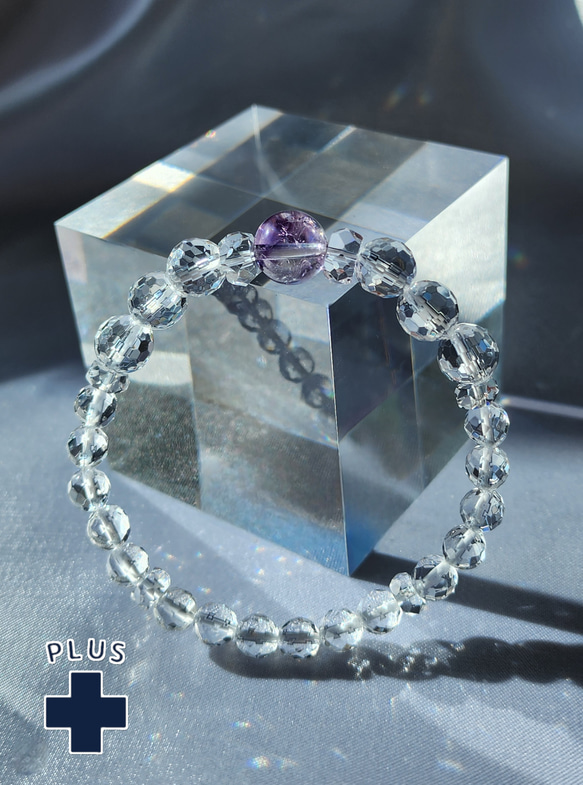 幻想的なファントムアメジストインクォーツ×多面カットクリスタルクォーツのブレスレット/送料無料（B-0008） 5枚目の画像