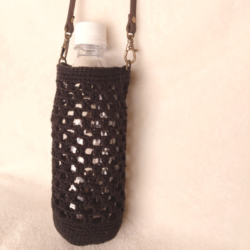 コットン100%のボトルカバー(黒） ショルダー変更可 ボトルホルダー