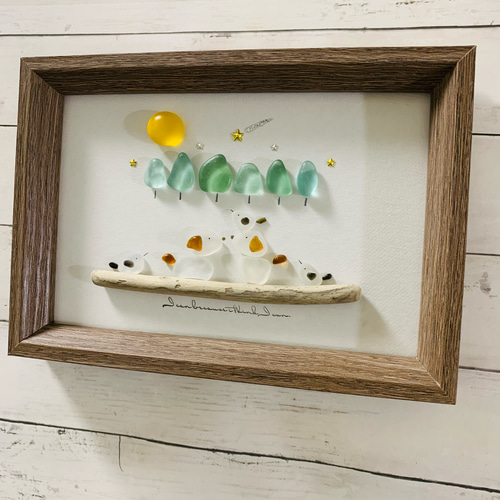 シーグラスアート 癒しの森 満月 星 シマエナガ 犬 ペア 卓上