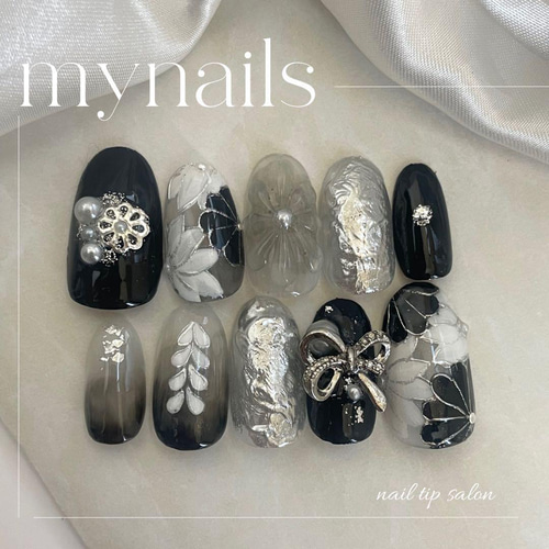 成人式卒業式振袖黒×シルバー×ホワイトネイルno27 ネイルチップ（つけ