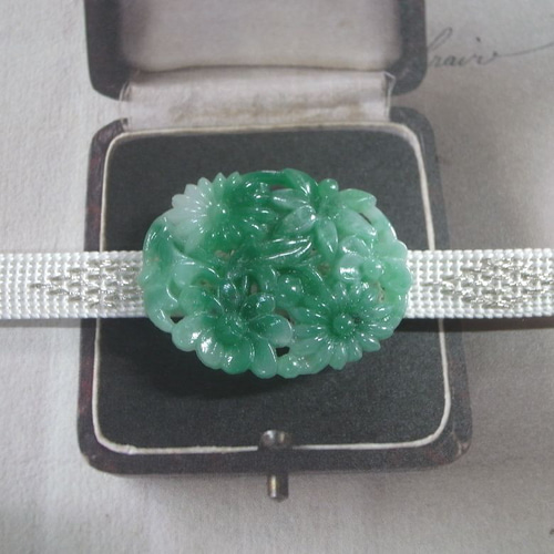 帯留め 帯留 ガラス 彫刻花 ヴィンテージ 翡翠風 グリーン/緑 帯留め