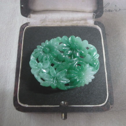 帯留め 帯留 ガラス 彫刻花 ヴィンテージ 翡翠風 グリーン/緑 帯留め