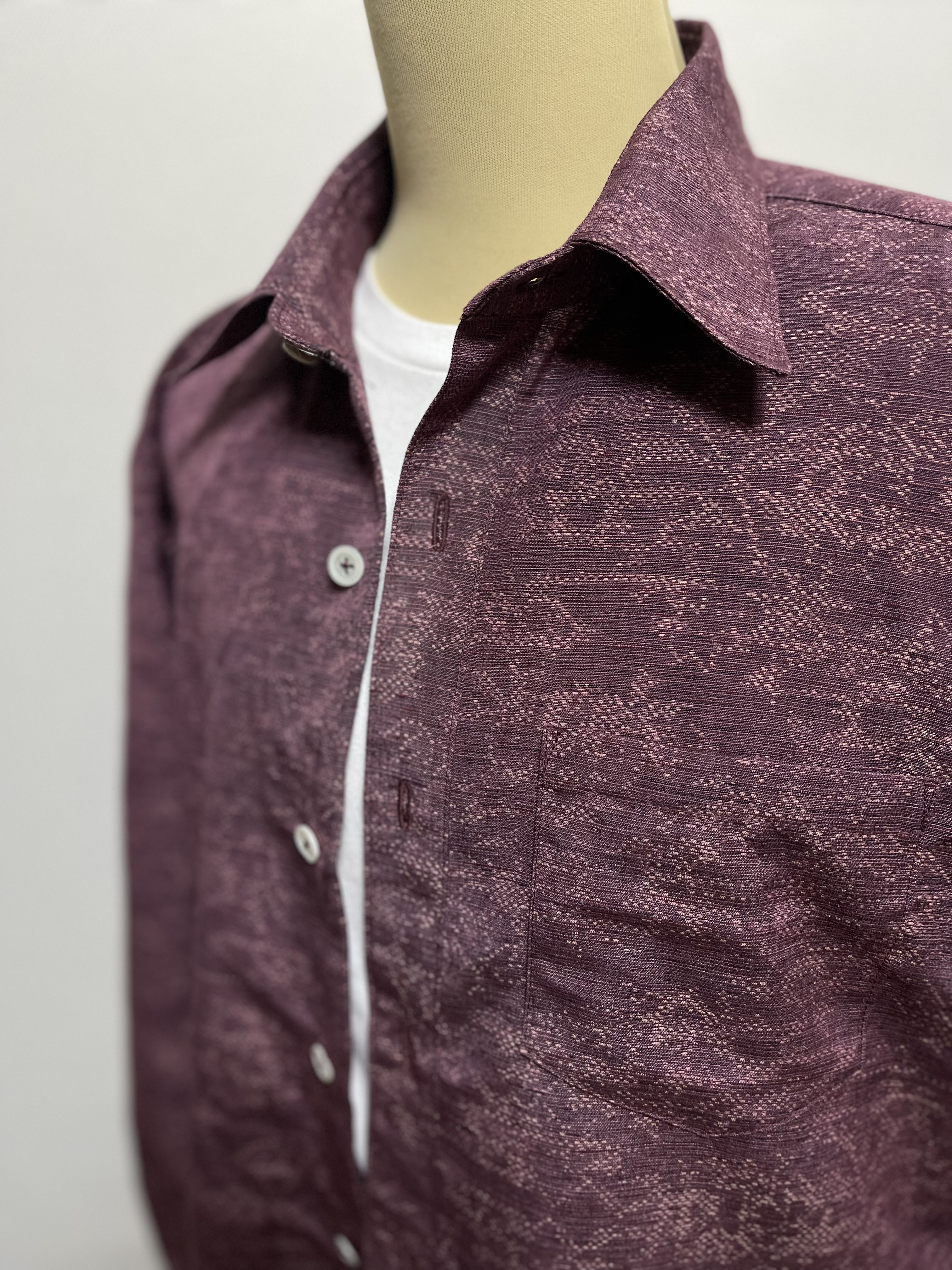 着物リメイク ワイン色の紬のカジュアルシャツ メンズMサイズ