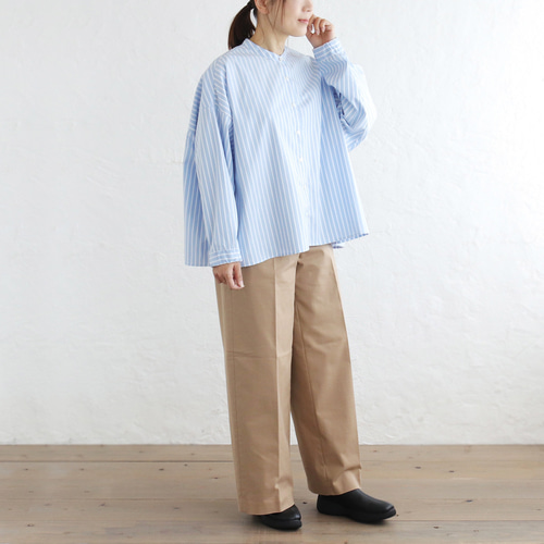 さらりと纏う ギザコットン バンドカラーブラウス （ストライプ/ブルー