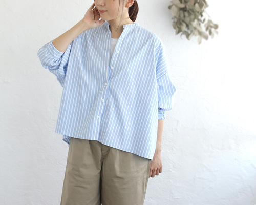 美品 エンフォルド コットンシルク バンドカラー ストライプブラウス ネイビー 美品 エンフォルド コットンシルク バンドカラー ストライプブラウス