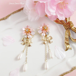 再販】桜ビジューと揺れる小さなしずく～Sweet Pink～ イヤリング