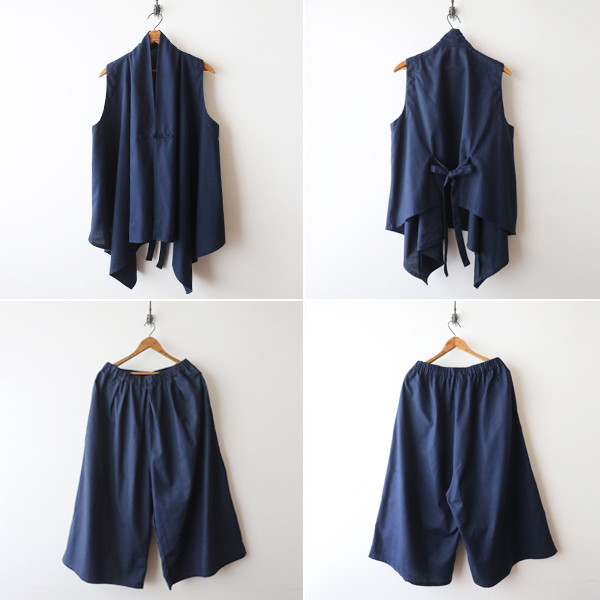 最終ＳＡＬＥ　上下セットアップ　ギマ擬麻コットン　変形シャツ ベスト ジレ　ワイド幅広パンツH69B