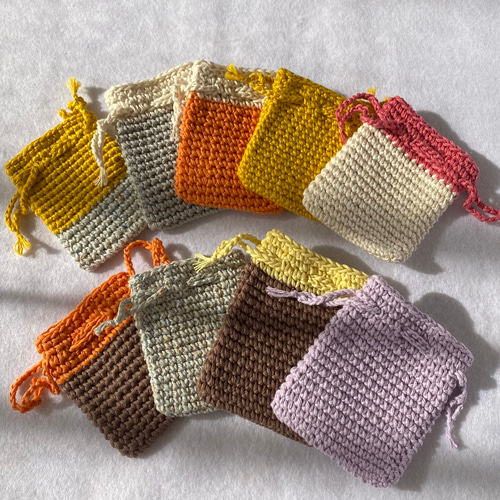 ♪送料無料♪ ミニミニ巾着3枚セット かぎ針編みでつくったコットン100  