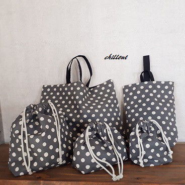 【ソフトリネン】入園バッグ5点セット：ドット：チャコールグレー【0464】