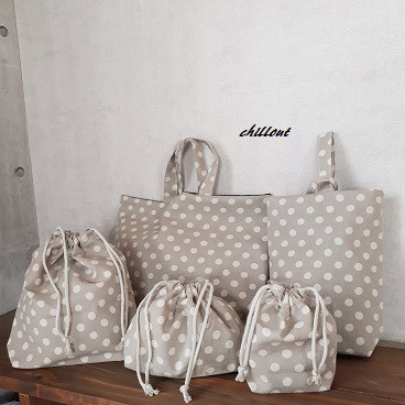 【ソフトリネン】入園バッグ5点セット：ドット：グレージュ【0483】