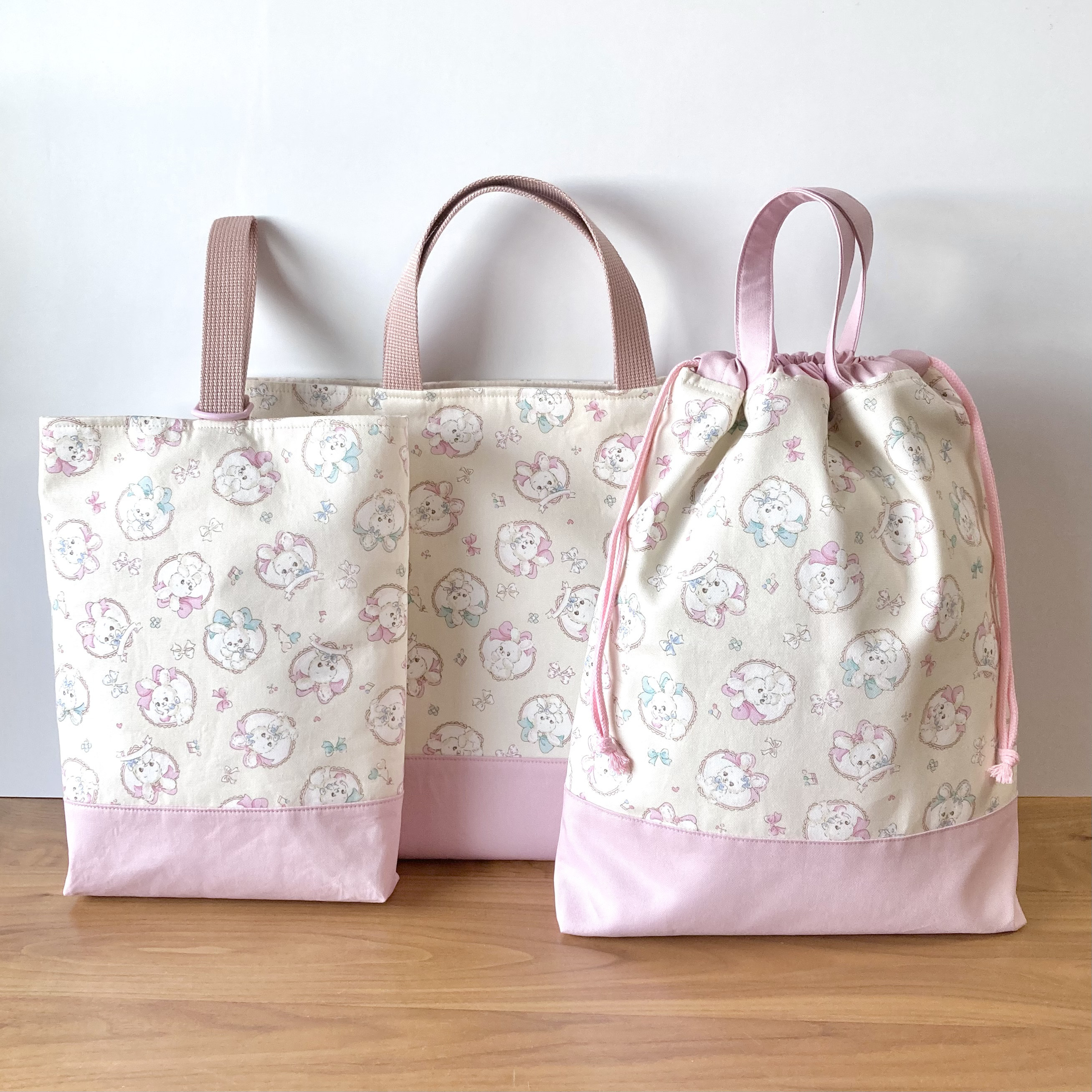 夢見るうさぎの入園入学3点セット　レッスンバッグ+シューズケース+体操服入れ　ナチュラル×くすみピンク 女の子