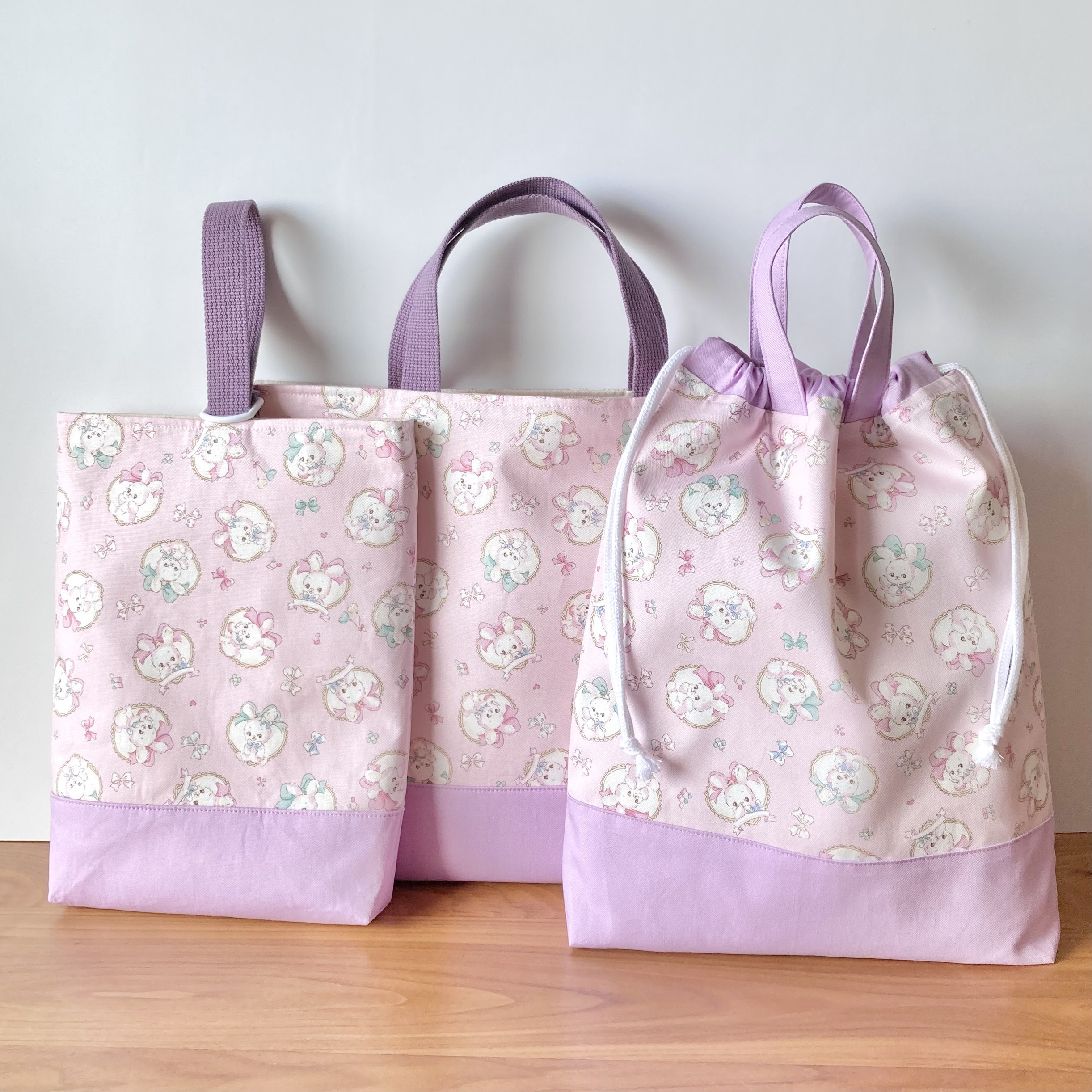 夢見るうさぎの入園入学3点セット　レッスンバッグ+シューズケース+体操服入れ　ピンク×オーキッド 女の子