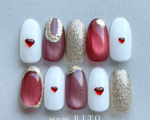 52))フレンチガーリー ネイルチップ ハート ちぐはぐ ボルドー バレンタイン 52))フレンチガーリー ネイルチップ ハート ちぐはぐ ボルドー