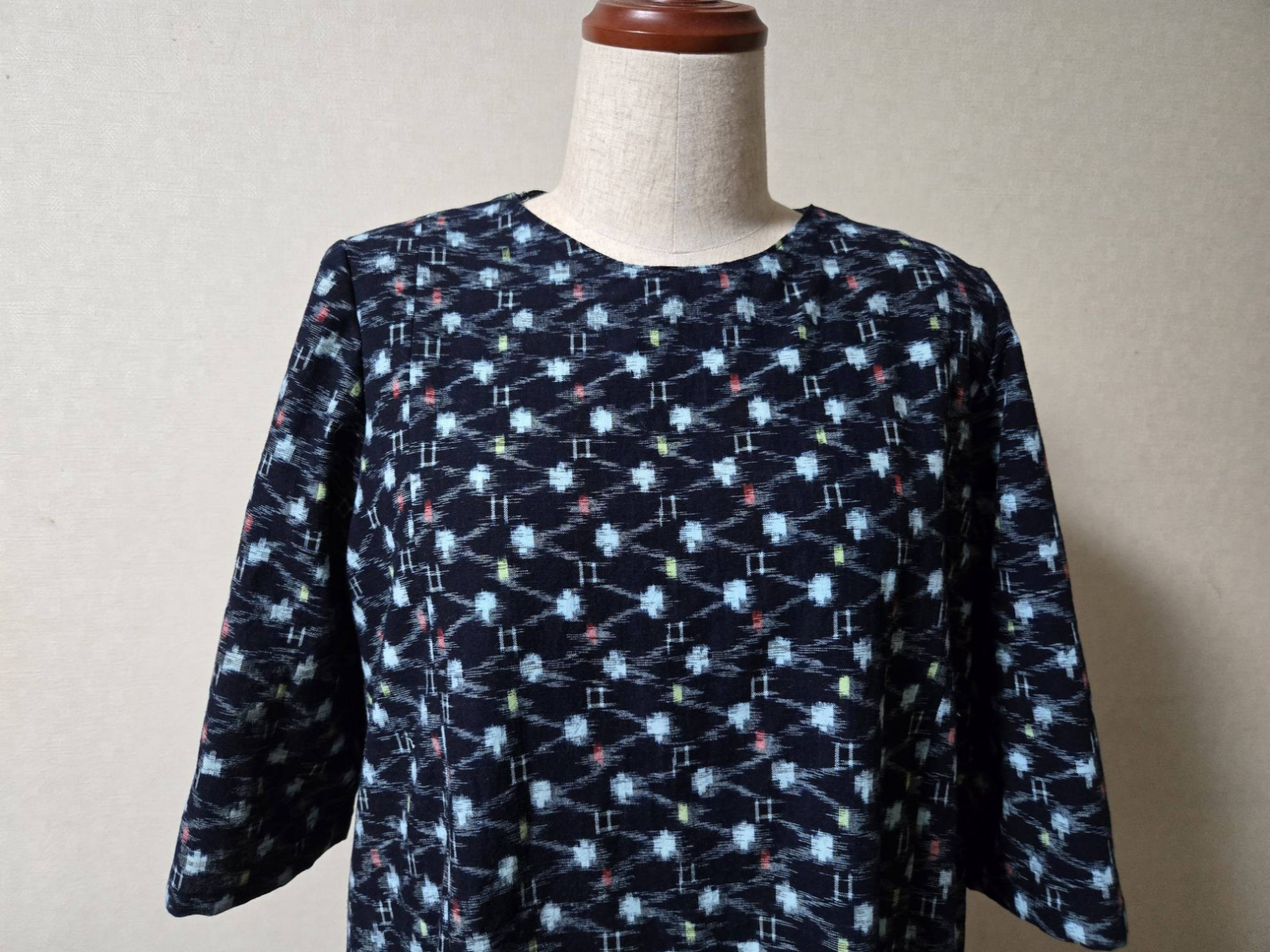 お値下げ ネイビー系絣Aラインワンピース