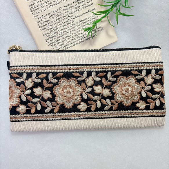 薄くて軽い！インド刺繍リボンの仕切りつきお財布ポーチ 長財布 TIPTOP