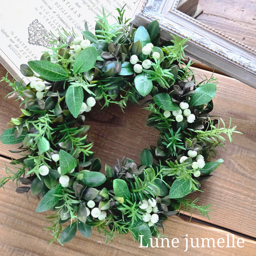 グリーンたっぷりのリース[アーティフィシャルフラワー30cm]造花