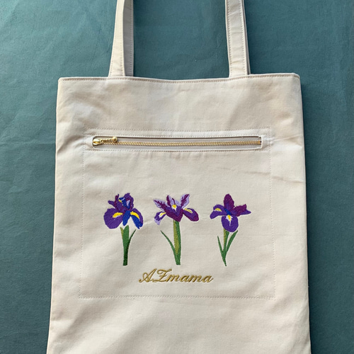 あやめ刺繍大きめフラットトートバッグ トートバッグ AZmama