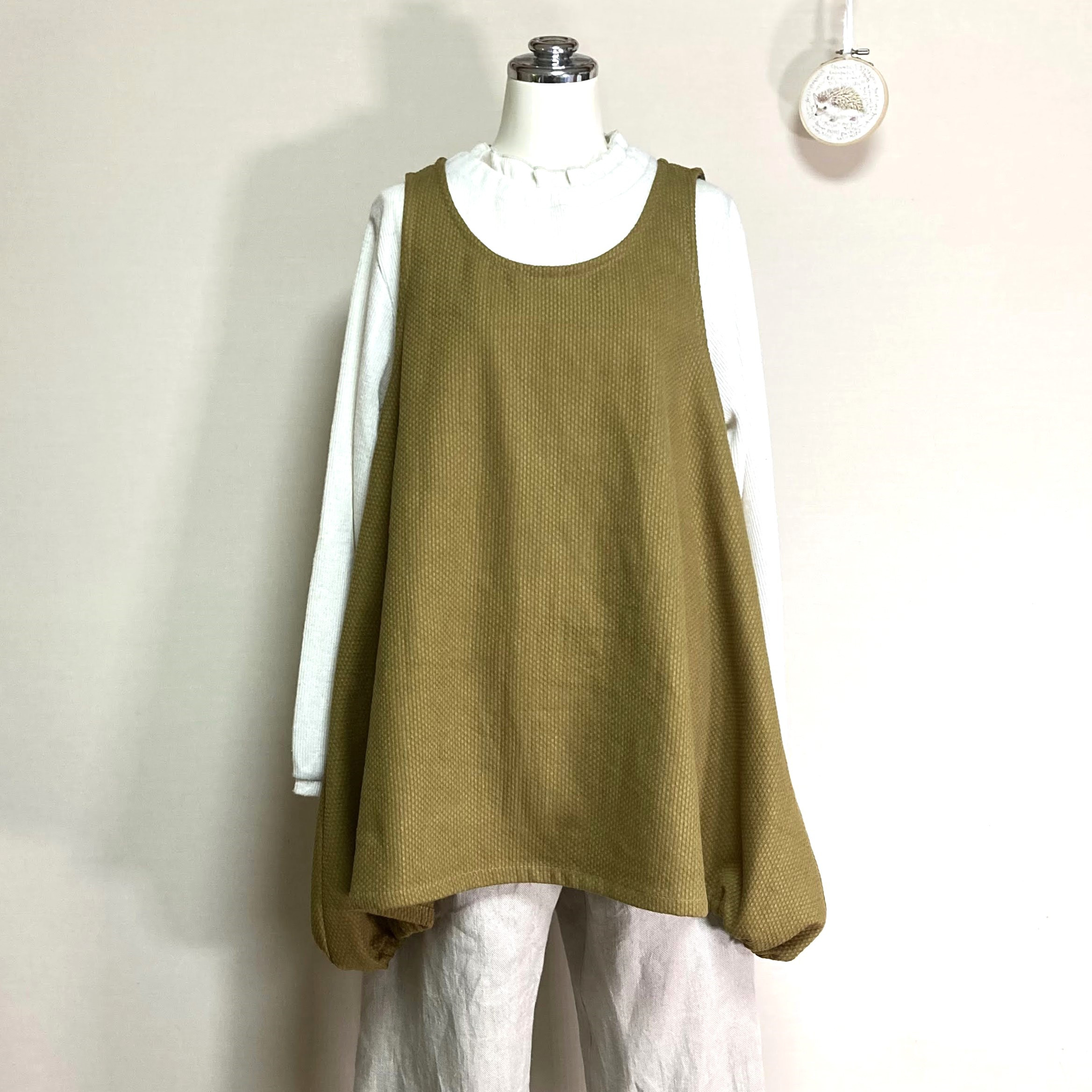 バルーンベスト◆からし【コットンリネン刺し子】◆フリーサイズ