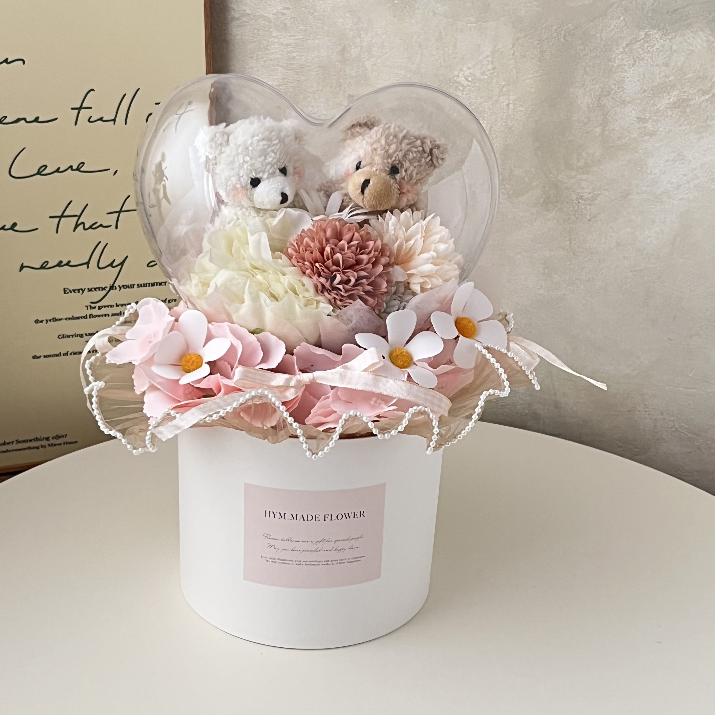 割れないハートバルーンフラワー／テディベア付き 結婚式・入籍祝い・開店祝いにおすすめ／アーティフィシャルフラワ