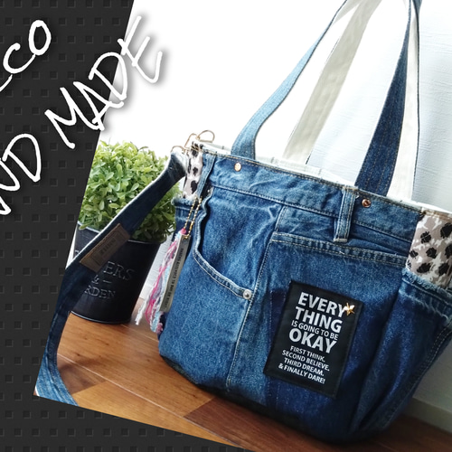 No.644【DENIM✖️leopard 巾着バケツ型Bag✨】デニムリメイク
