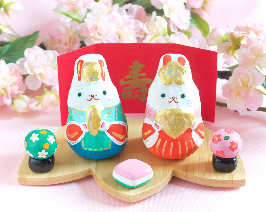 創作紙張り子 福うさぎの雛人形　竹の飾り台セット