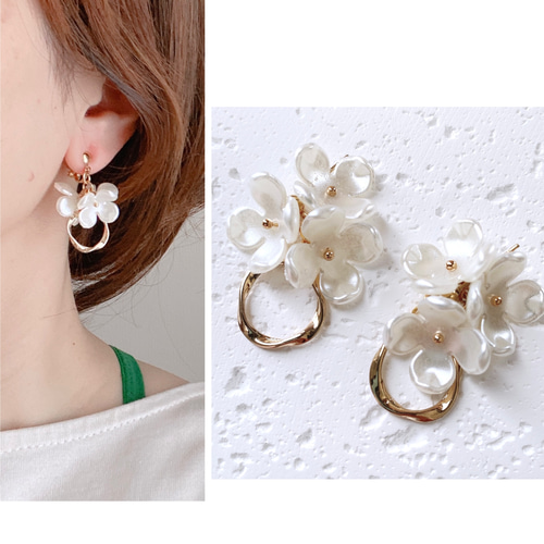 イヤカフ / ピアス / イヤリング 3連 パール フラワーアレルギー対応