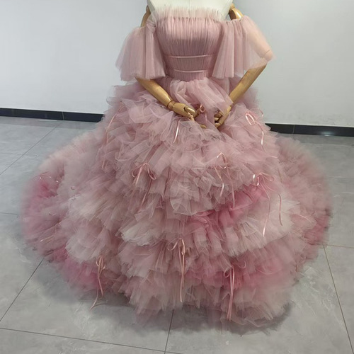 人気上昇！韓国風カラードレス 3色ピンク もこもこチュールドレス