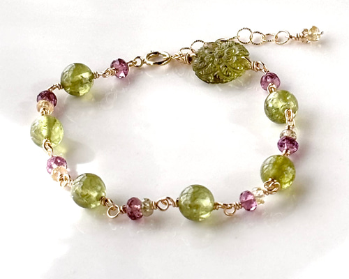 グリーンガーネットとマラヤガーネットのブレスレット/14kgf 1月誕生石
