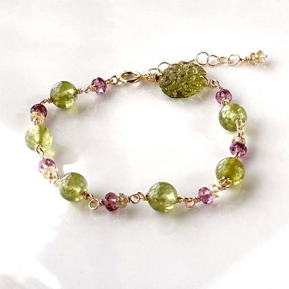 希少マラヤガーネットのブレスレット14kgf グリーンガーネットとマラヤガーネットのブレスレット/14kgf 1月誕生石