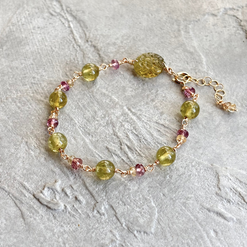 グリーンガーネットとマラヤガーネットのブレスレット/14kgf 1月誕生石