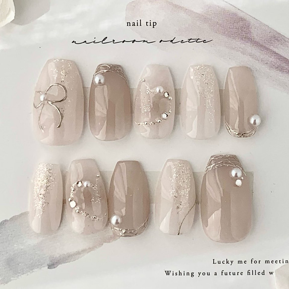 no.033 うるもやハートリボン ネイルチップアイボリー白ベージュバレンタイン no.033 うるもやハートリボン ネイルチップアイボリー白ベージュ