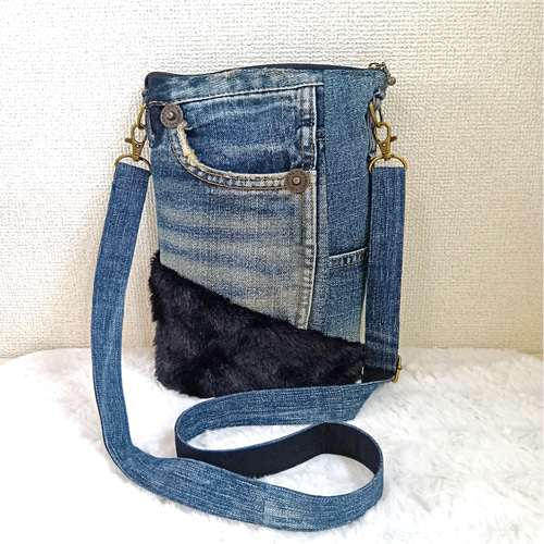 1【デニム✕猫】大人格好いいデニムバッグ！ショルダー リメイク