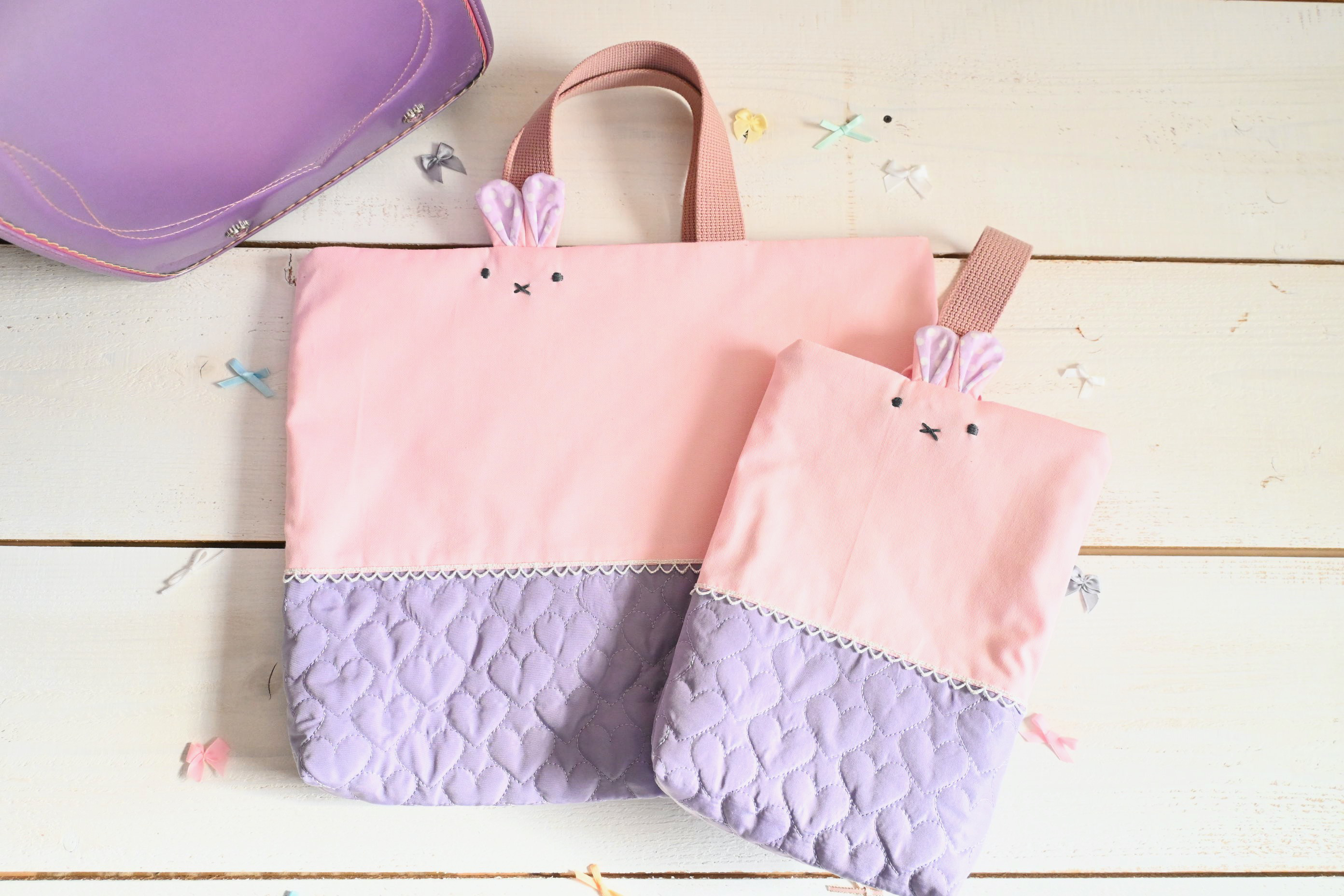 ハートのうさぎちゃんレッスンバッグ&シューズケース（ハート柄キルティング）女の子　受注生産<サイズ変更可>