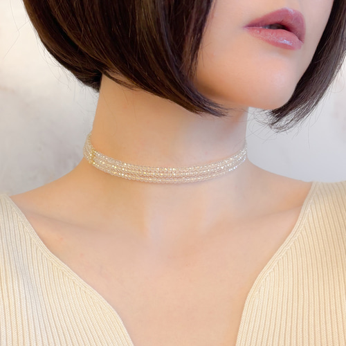 バカラ　ティアドロップ　カット　チョーカー 朝の光：アグライアの首飾り：クリアホワイトのガラスビーズの3連