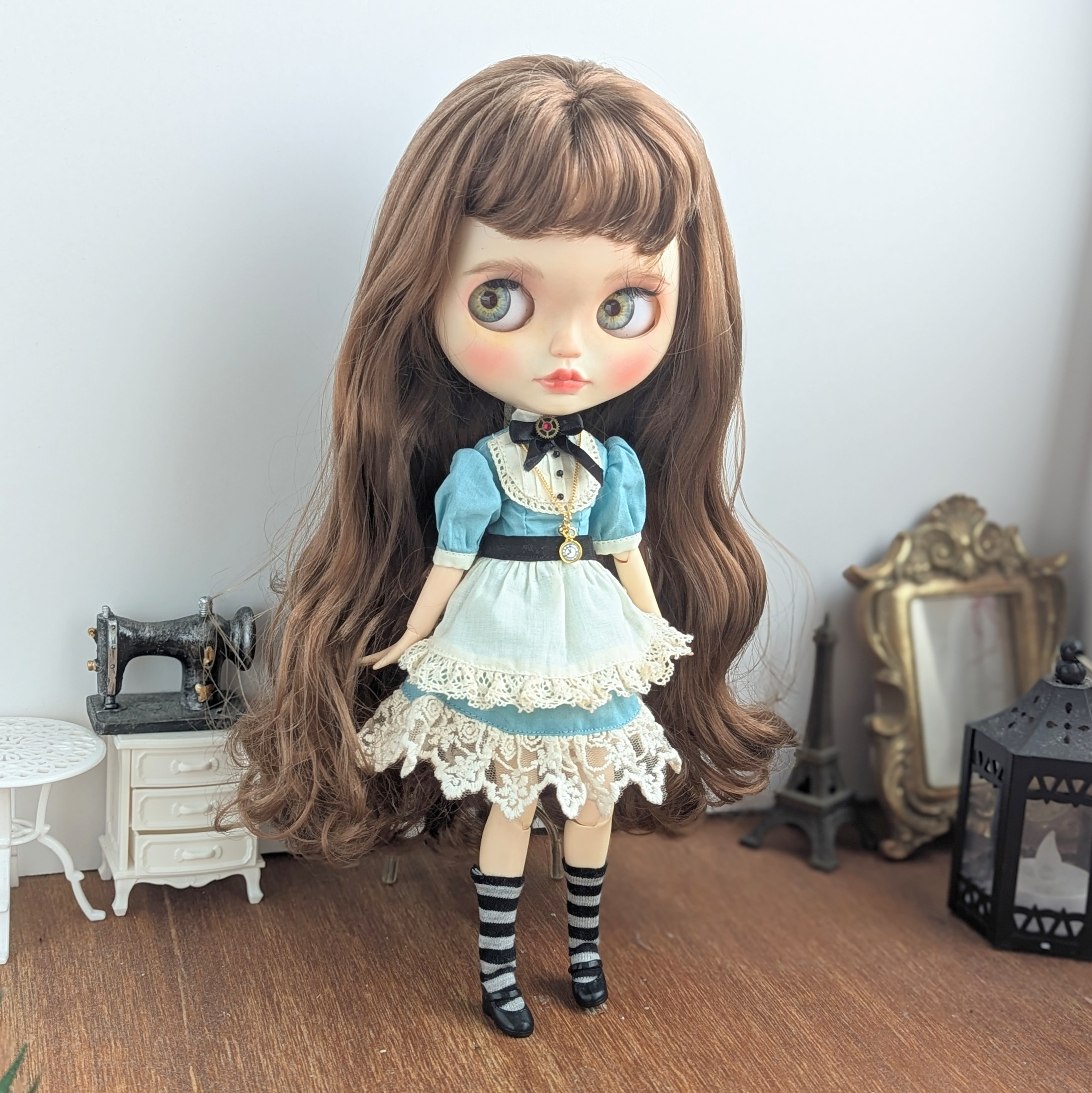 1317【ブライス ワンピース】ブルーのアリス風クラシカルワンピース ※ブライスアウトフィット※