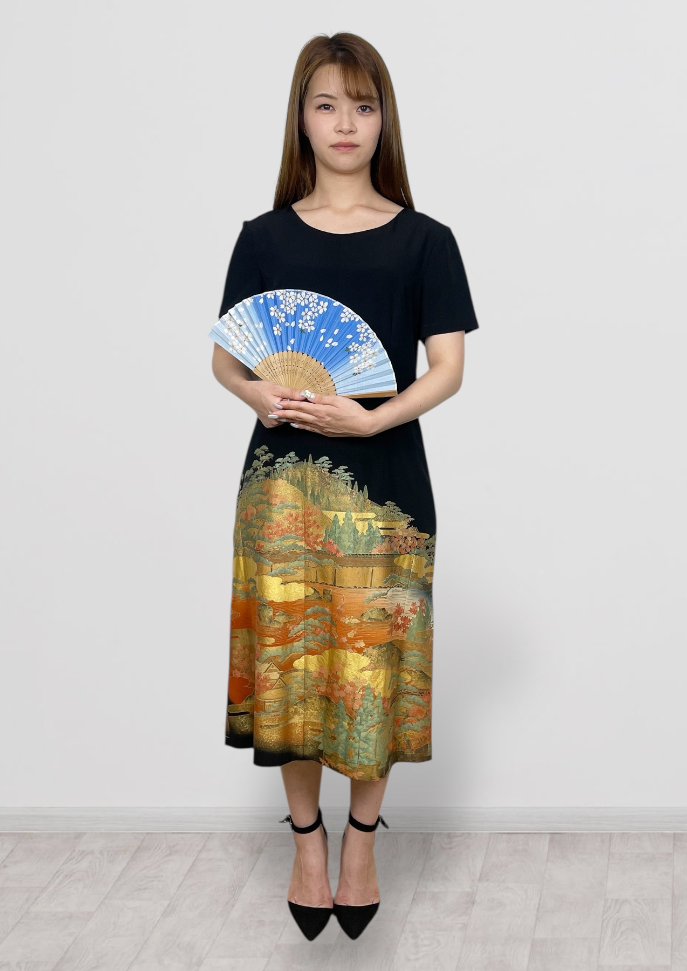 定番袖ありワンピースMサイズ  洗える加工付き着物地でお手入れ簡単♪【裏地付き】