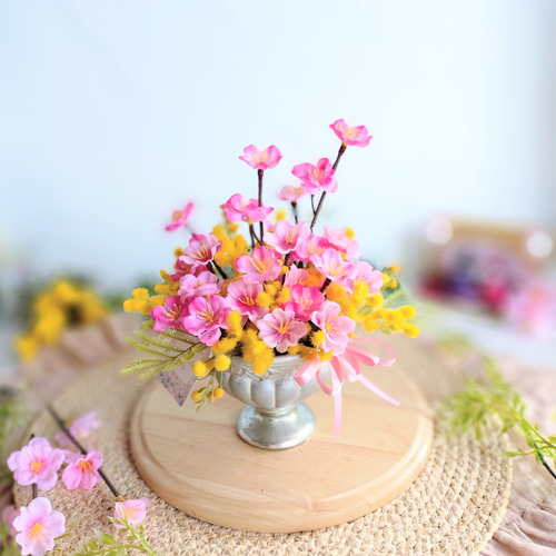 桃の花とミモザの大人可愛い胸キュンアレンジ♡桃の節句♡ひな祭り