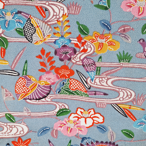 正絹・琉球紅型小紋袷着物・顔料・水色・リメイク用・難あり