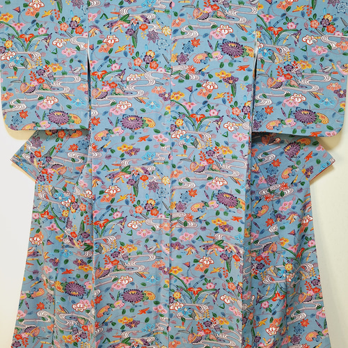 ワンタッチ着物 くらわん着物 正絹小紋リメイク くすみ水色紅型