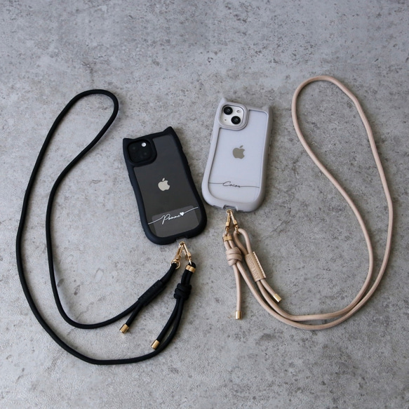 ベルト付き(猫耳) iphone17 16e 透明  シンプル 名入れ プリント無料 ショルダー+マクラメベルト付き 9枚目の画像